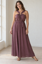 Muted mulberry ring-neck gathered maxi dress design preview on an adult woman, front view showing the central ring and shoulder extensions.