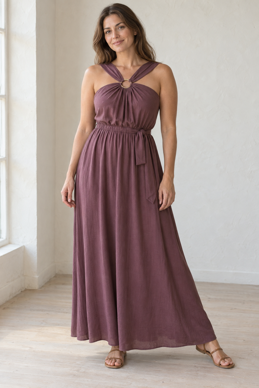 Muted mulberry ring-neck gathered maxi dress design preview on an adult woman, front view showing the central ring and shoulder extensions.