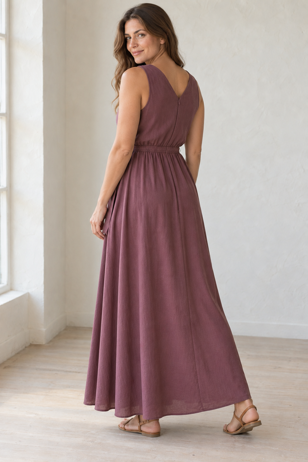 Rear design preview of the same ring-neck maxi, with a closed upper back, shallow V neckline and center-back closure.
