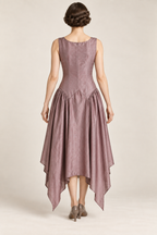 AI design concept: mauve robe de style dress with pointed back joining seam, back.