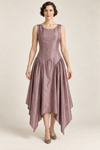 AI design concept: mauve robe de style dress with twin low-hip bodice points, front.