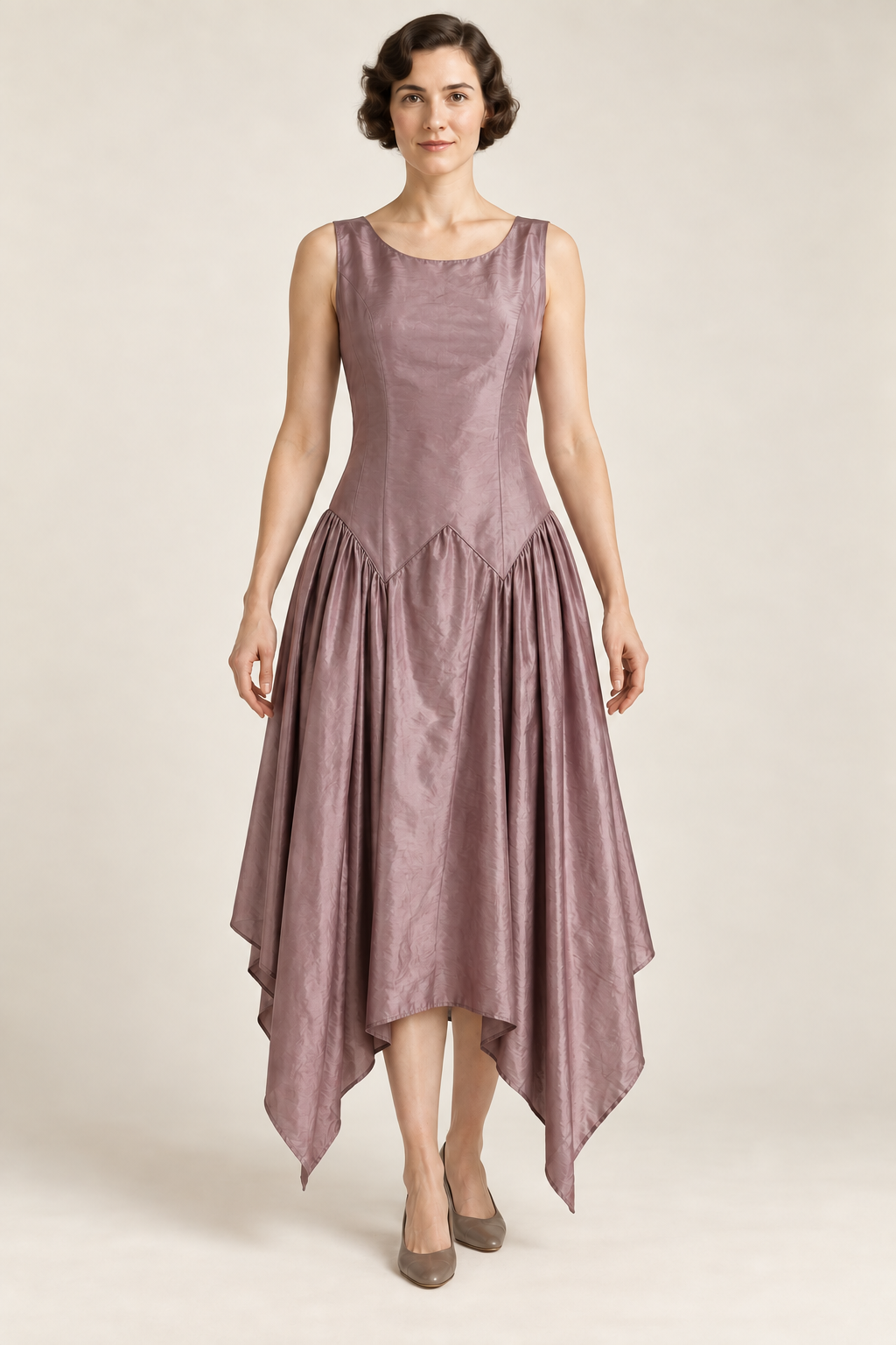 AI design concept: mauve robe de style dress with twin low-hip bodice points, front.