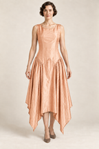 AI design concept: peach color interpretation of the same robe de style dress, front.