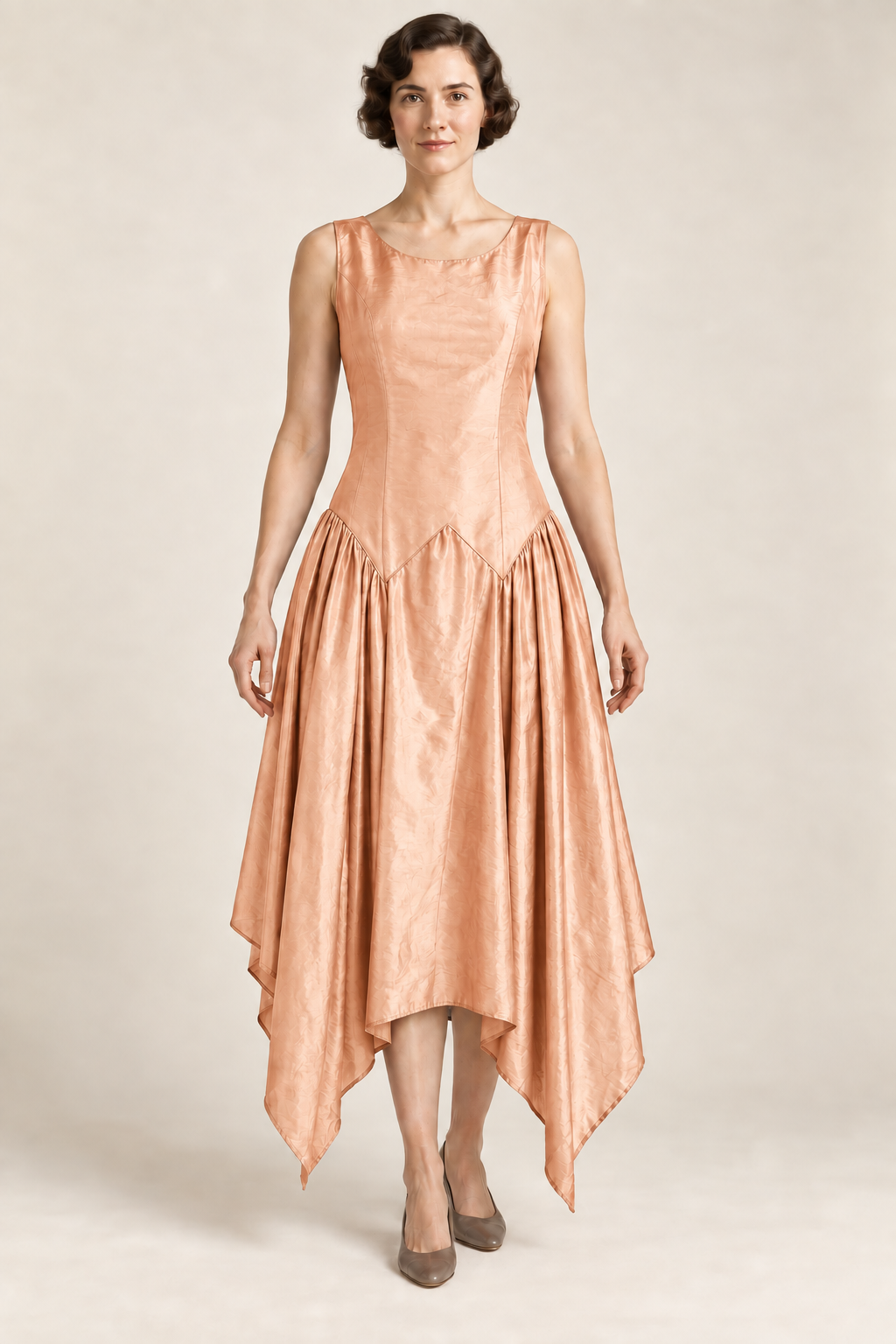 AI design concept: peach color interpretation of the same robe de style dress, front.