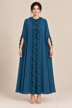 AI design preview: peacock-blue ruffle-front robe with four ties and ruffle-edged slit arm openings