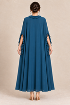 AI design preview: rear of peacock-blue robe with a plain flowing back, neck ruffle and finite side arm openings