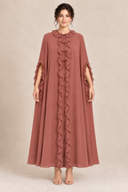 AI design preview: terracotta rose color of the same long slit-arm robe with ruffled neckline and front