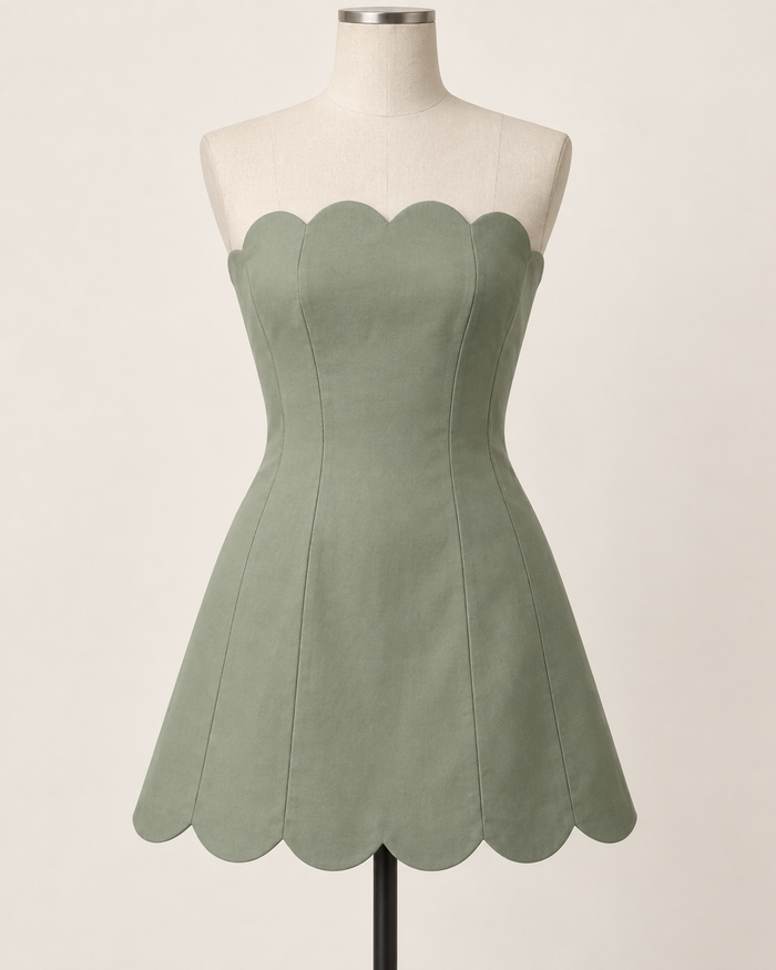 AI preview: sage strapless mini dress with curved scalloped neckline and hem and continuous princess panels.