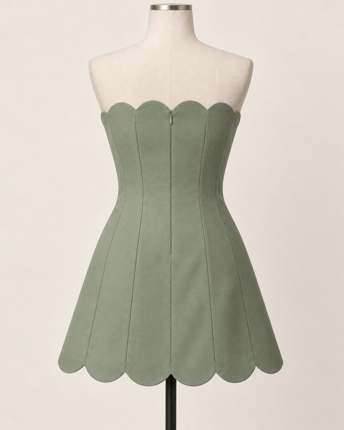 AI preview: sage scalloped mini rear with a smooth regular back and concealed center-back zipper.