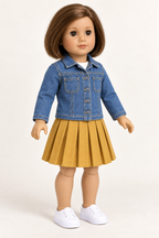 Three-quarter design preview showing the miniature denim jacket collar, patch pockets and slim sleeves