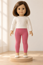 Front design preview of pink pull-on leggings on an 18-inch toy doll.