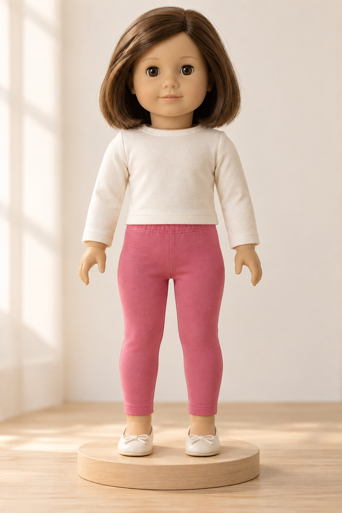 Front design preview of pink pull-on leggings on an 18-inch toy doll.
