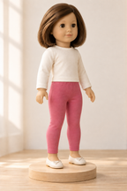 Three-quarter design preview of pink pull-on leggings on an 18-inch toy doll.