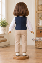 Back view of a navy waistcoat design on an 18-inch toy doll