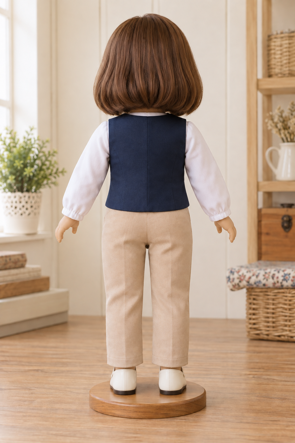 Back view of a navy waistcoat design on an 18-inch toy doll