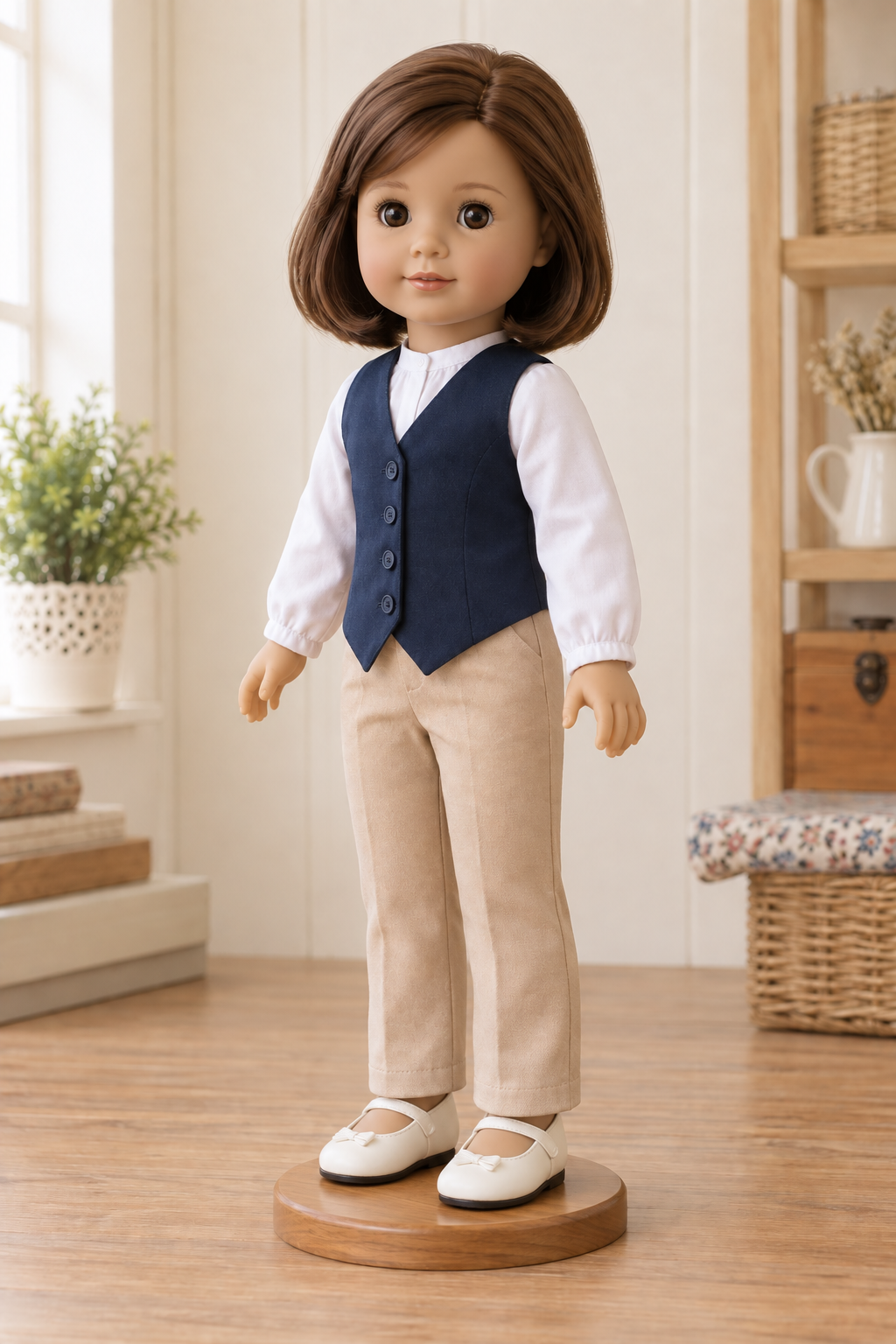 Three-quarter view of a navy waistcoat design on an 18-inch toy doll