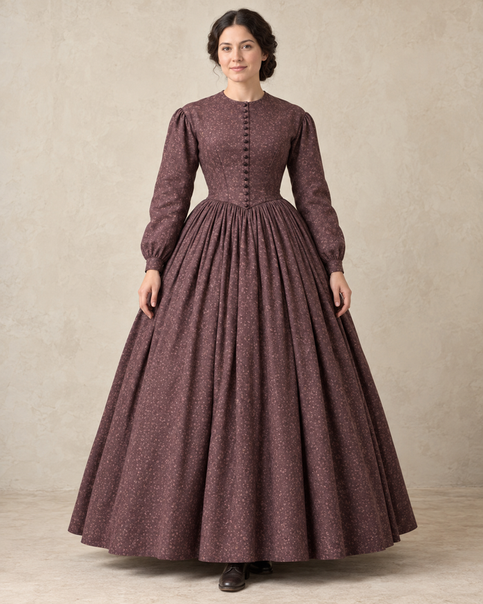 Design preview of an 1860s-inspired plum day dress on a model, front view.