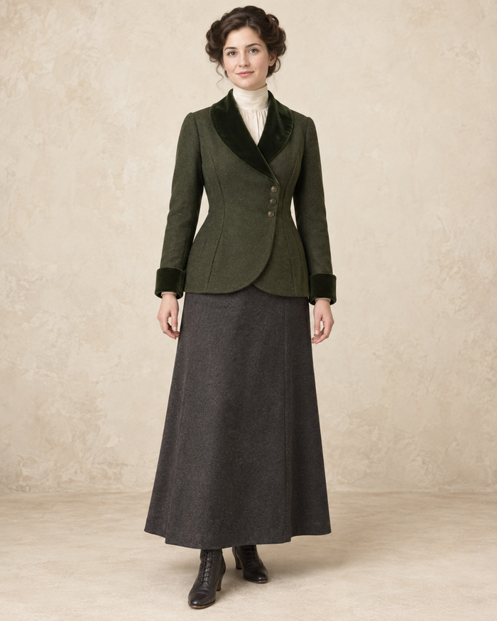 Design preview of a 1910s-inspired green asymmetric shawl jacket on a model, front view.