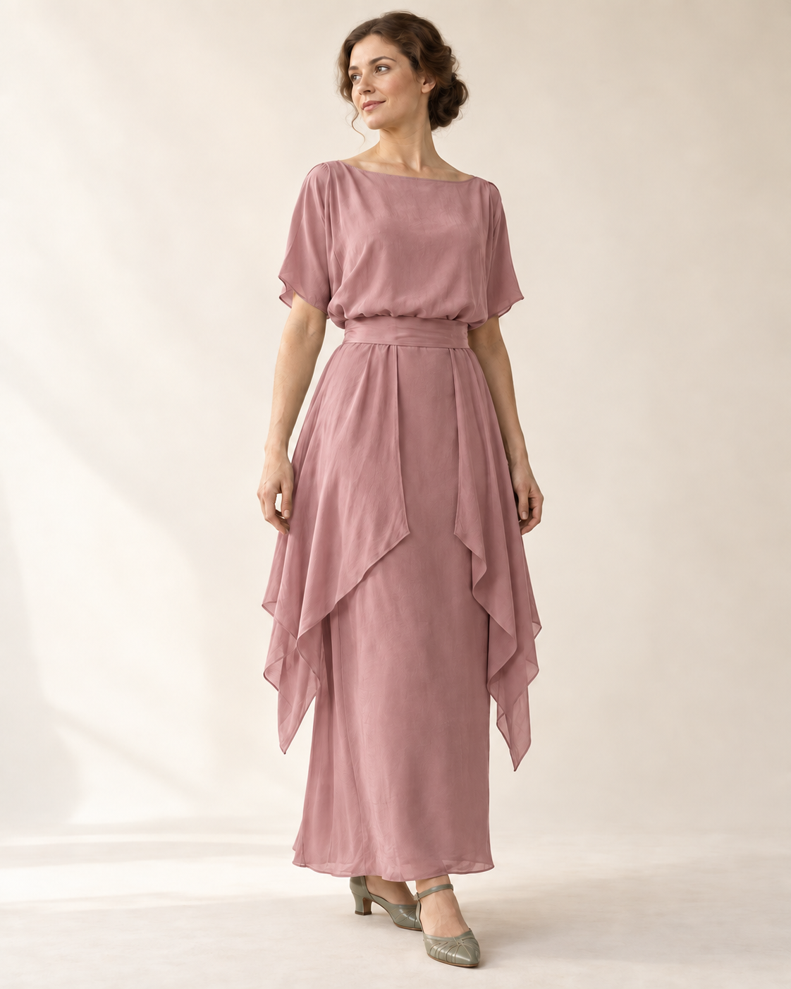 AI design illustration of the same 1910s draped-hip dress in dusty rose, showing the soft bodice and narrow ankle-length skirt