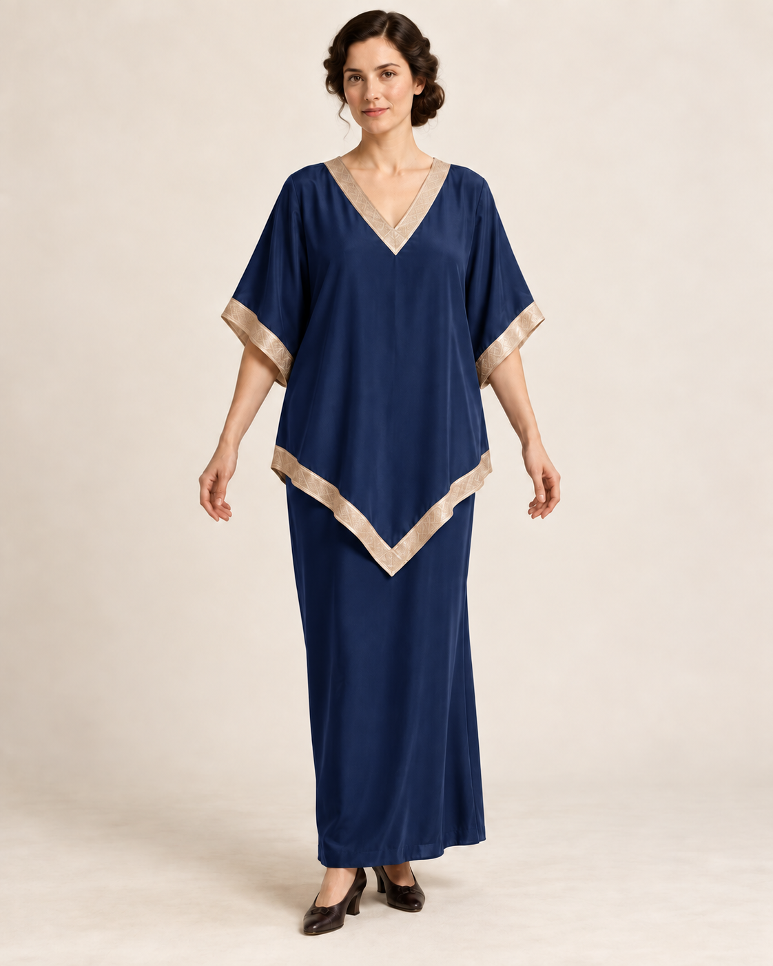 AI design illustration of the same 1910s tunic and skirt in ink blue with champagne edging, front view