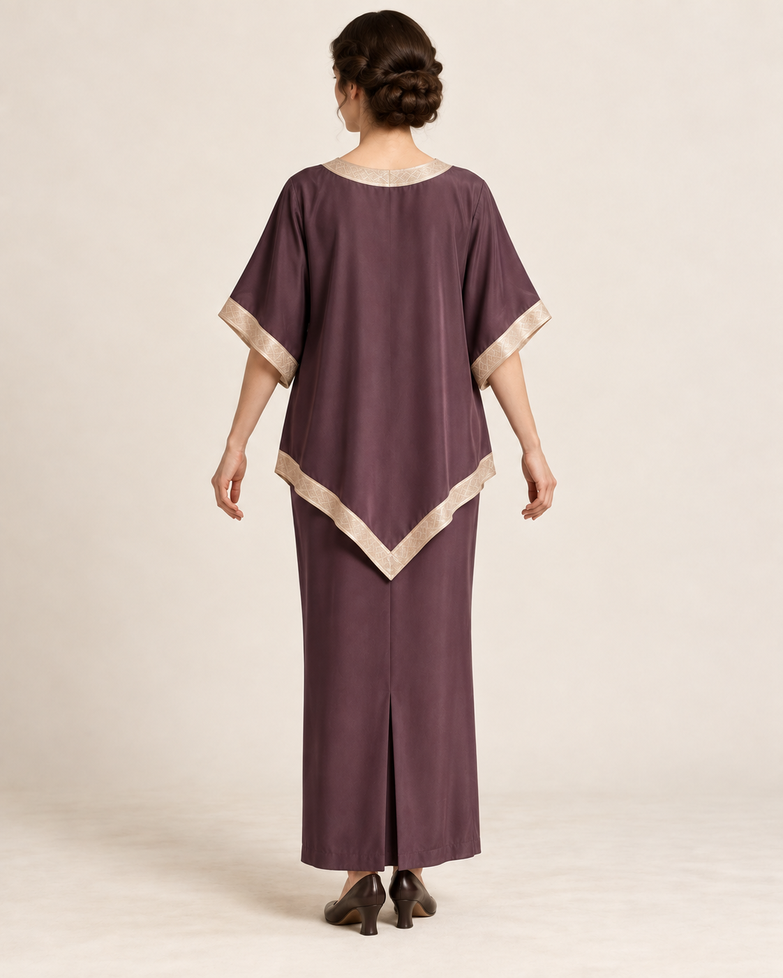 AI design illustration of the mulberry pointed tunic and straight skirt, showing the modest back neckline and pointed back hem