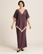 AI design illustration of a mulberry 1910s pointed tunic and ankle-length skirt with champagne bands, front view