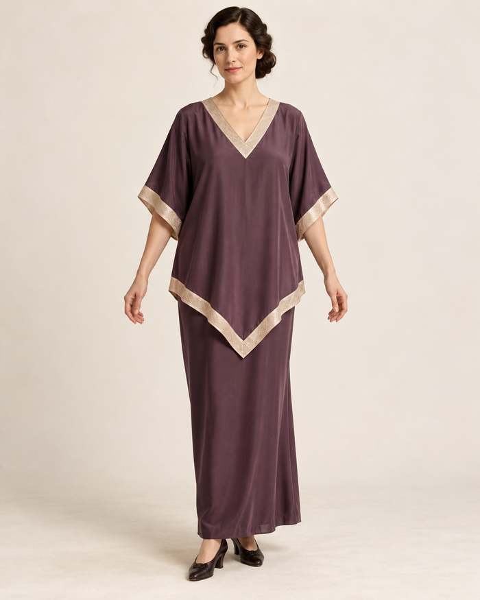 AI design illustration of a mulberry 1910s pointed tunic and ankle-length skirt with champagne bands, front view