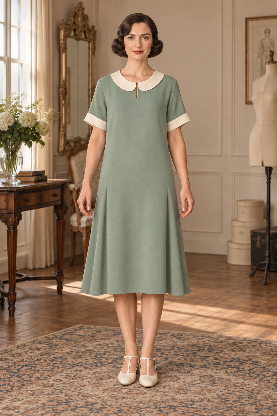 Front view of the Sewlore 1920s-inspired side-panel dress in sage green with an ivory round collar and sleeve bands.