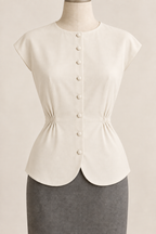 AI design preview: warm-ivory cap-sleeve button blouse with the high round neckline and curved integral front hem.