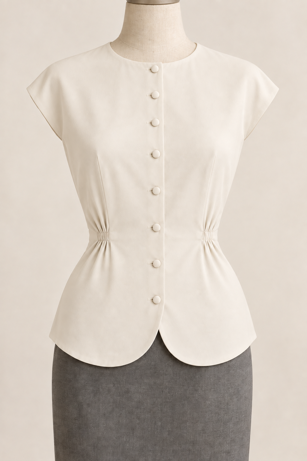 AI design preview: warm-ivory cap-sleeve button blouse with the high round neckline and curved integral front hem.