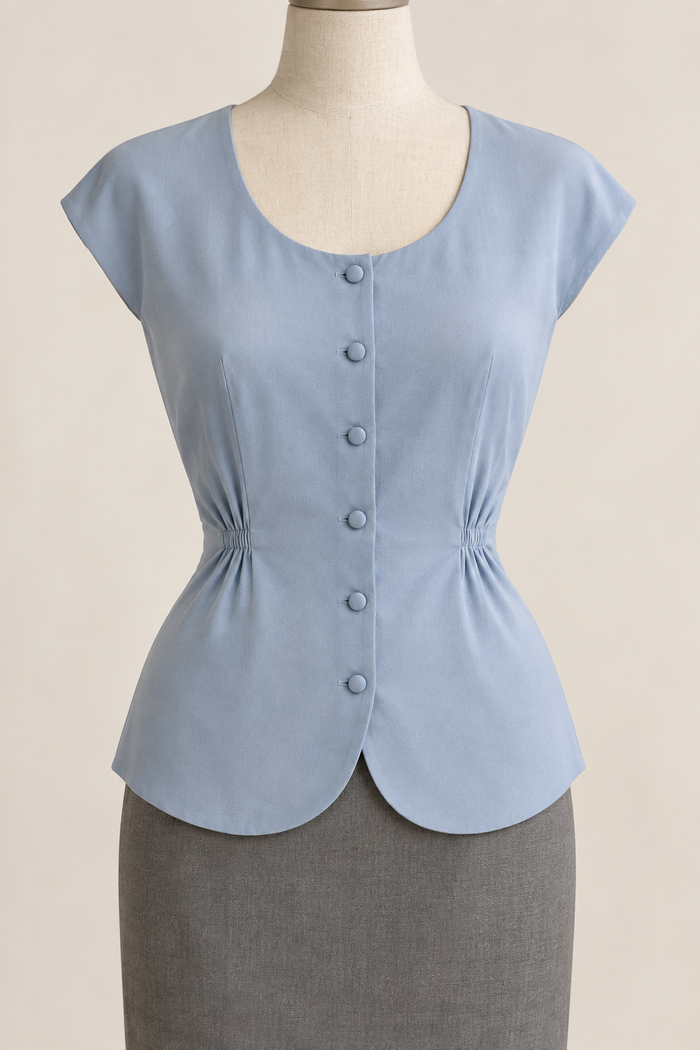 AI design preview: powder-blue button blouse with a lower round neckline, cut-on cap sleeves and gathered side waist.