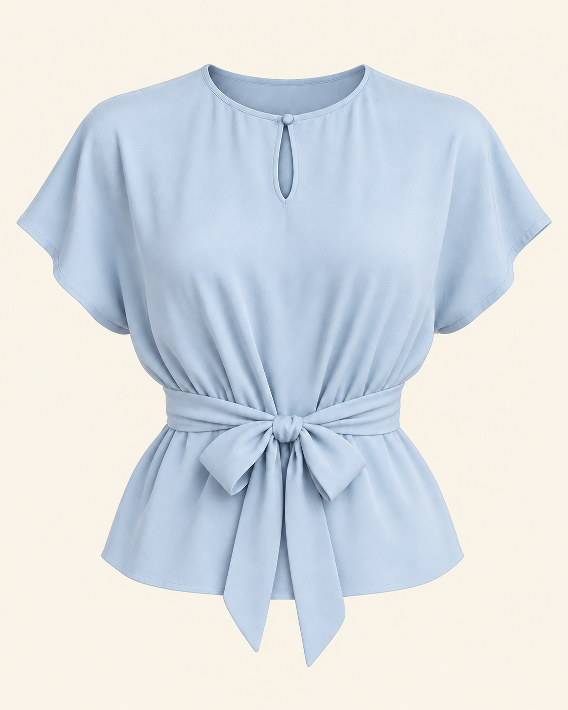 AI front preview of View A: powder-blue short kimono-sleeve blouse with a bound keyhole and front waist bow