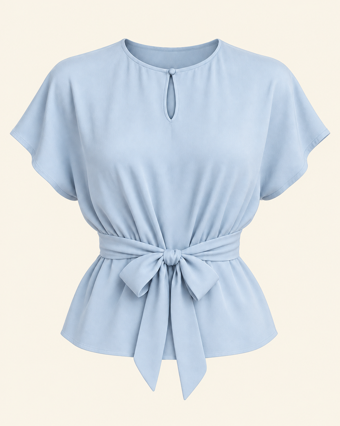 AI front preview of View A: powder-blue short kimono-sleeve blouse with a bound keyhole and front waist bow