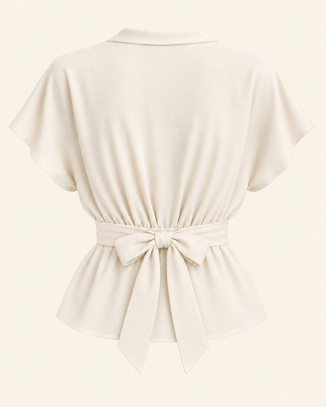 AI back preview of View B showing the cream turned collar, waist gathers and center-back tie bow