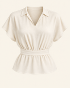 AI front preview of View B: cream kimono-sleeve blouse with a turned collar and smooth front waist band