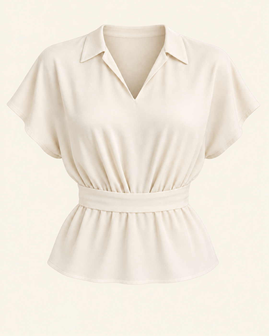 AI front preview of View B: cream kimono-sleeve blouse with a turned collar and smooth front waist band