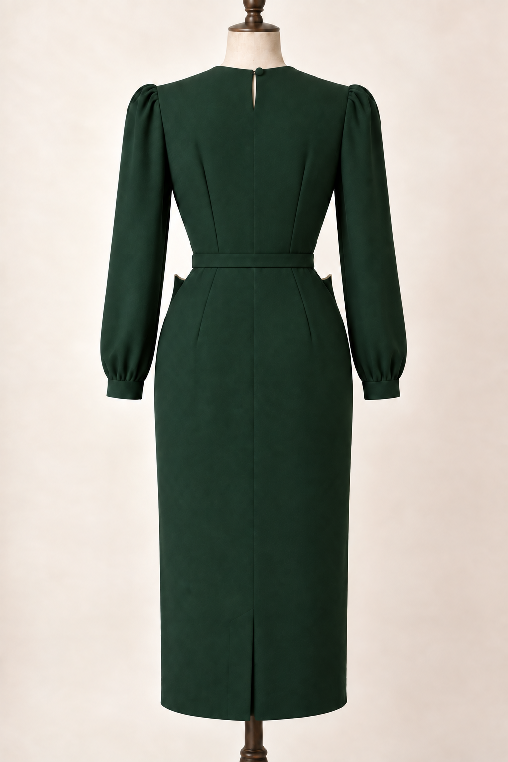 AI design preview: bottle-green dress back with one-button neck slit, waist belt, long sleeves and a small walking vent.