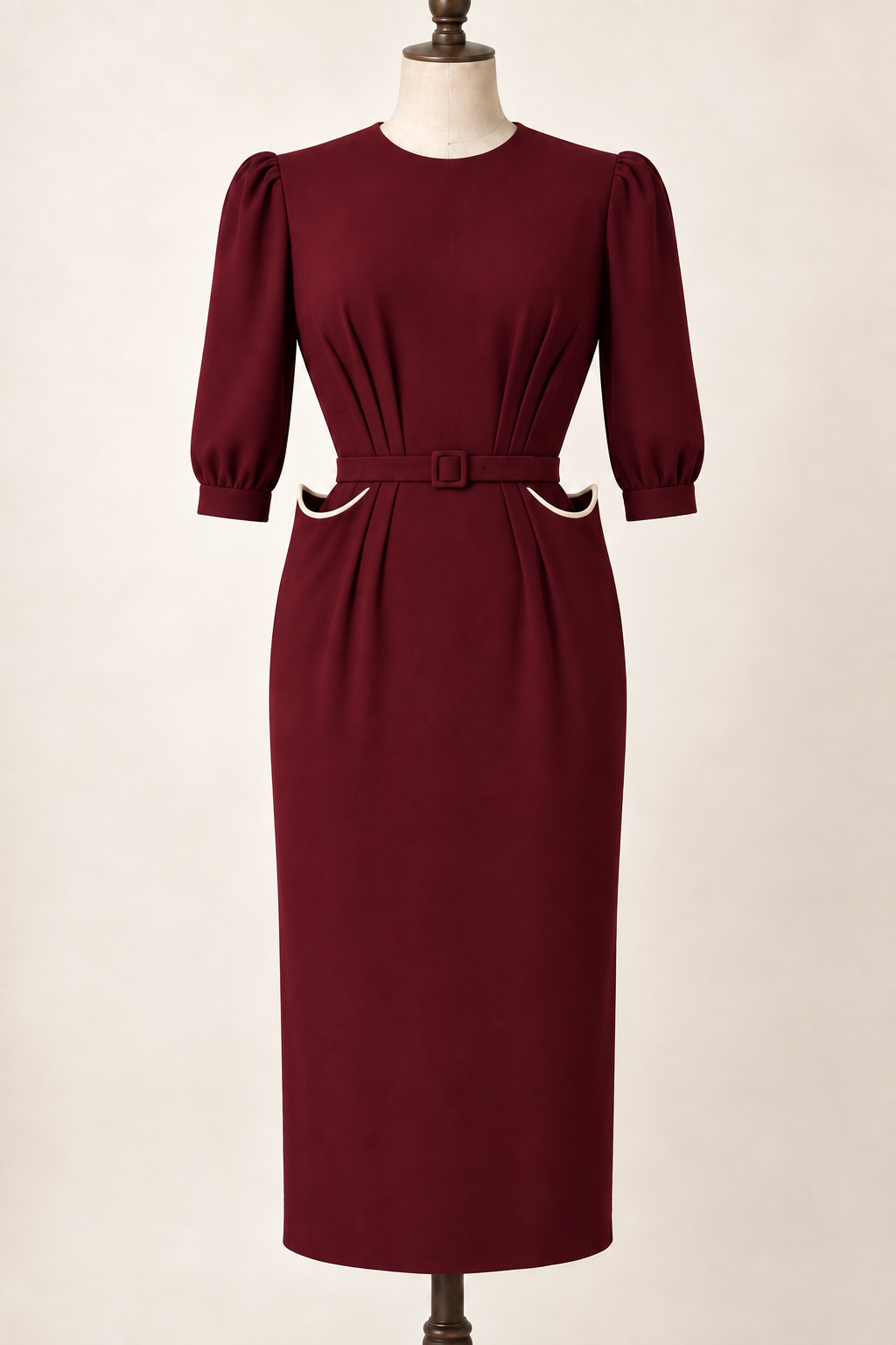 AI design preview: burgundy peg-top pocket dress with cream-bound raised pocket mouths and three-quarter sleeves.