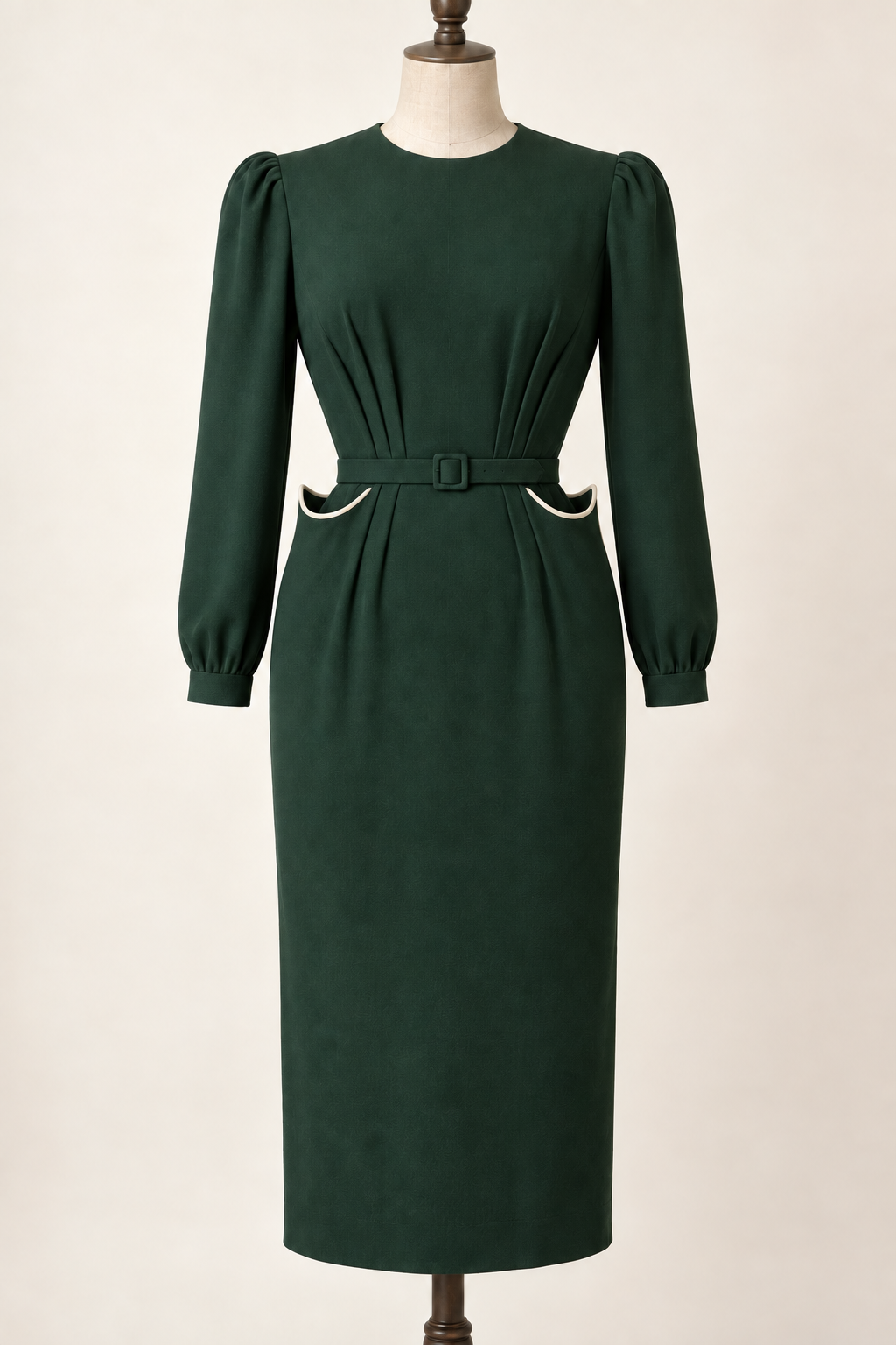 AI design preview: bottle-green peg-top pocket dress with raised cream-edged pocket mouths, waist pleats and long sleeves.