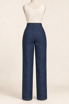 AI design preview: indigo ranch pants back with waist darts, belt loops and plain straight legs, without rear pockets.