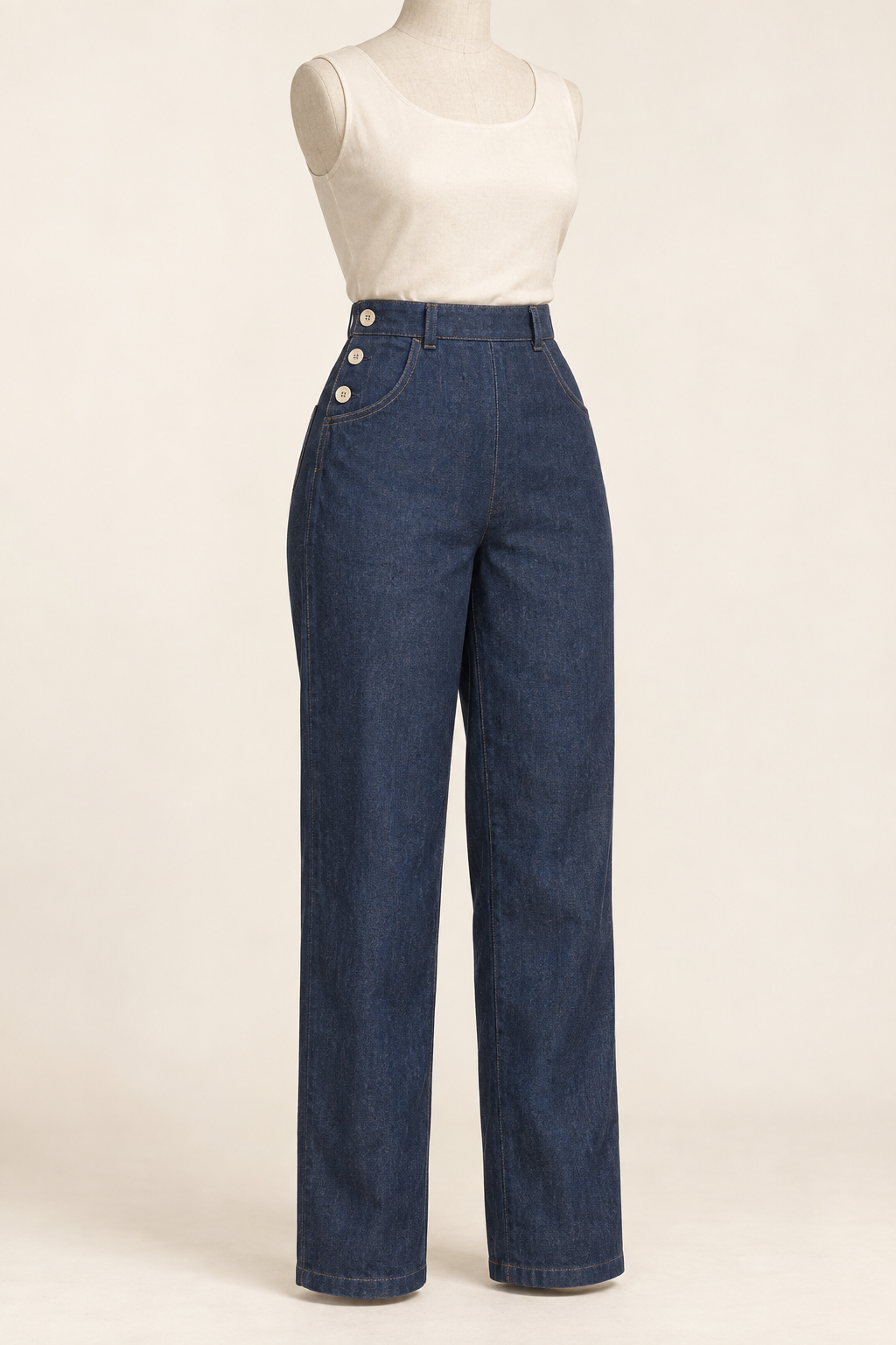 AI design preview: indigo ranch pants with high waist, inset front pockets and three side buttons; ivory top is styling only.