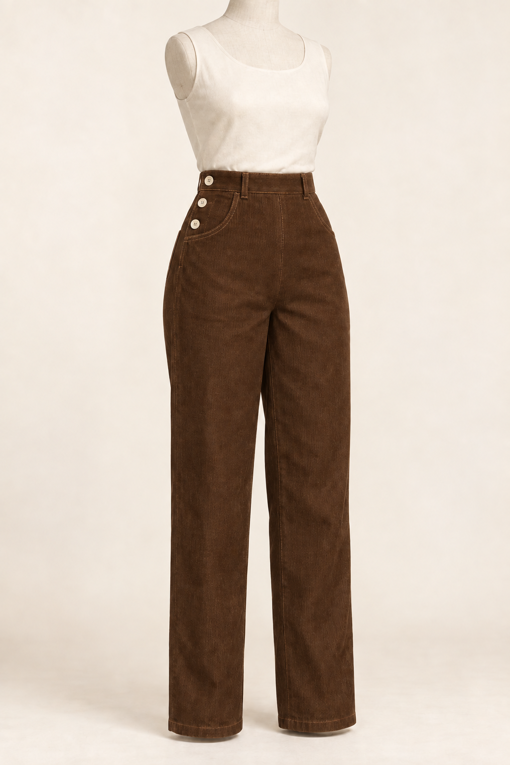 AI design preview: tobacco-brown corduroy ranch pants with the same curved pockets and three-button side opening.