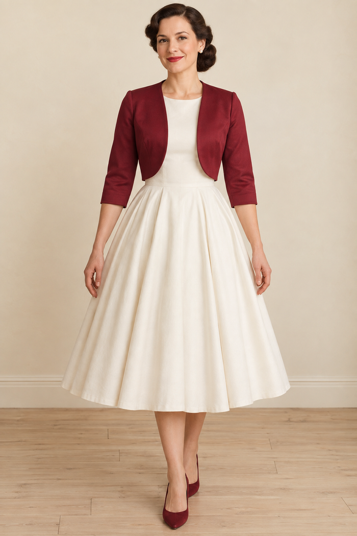 1950s bolero jacket design preview, burgundy cropped open-front jacket on a model, front view