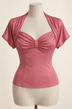 AI front preview of a rose draped-bust blouse with a vertical centre bridge, shoulder panels and short kimono sleeves