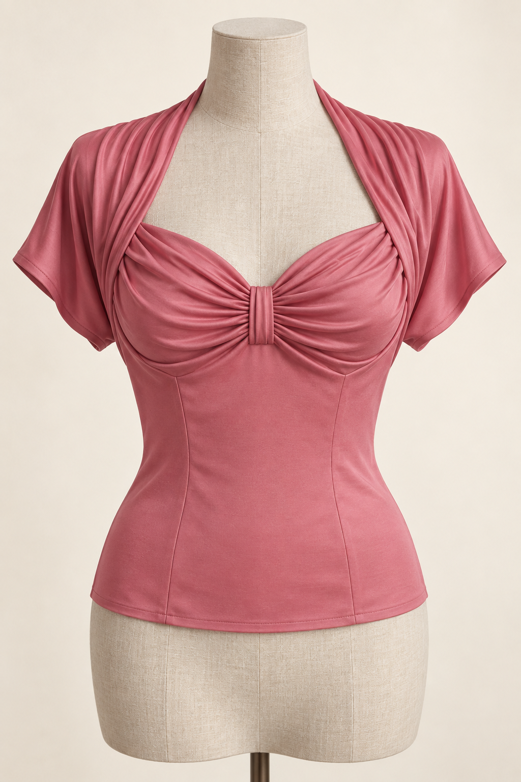 AI front preview of a rose draped-bust blouse with a vertical centre bridge, shoulder panels and short kimono sleeves