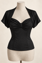 AI front preview of the same draped-bust kimono blouse in soft black with the fabric bridge and fitted lower body