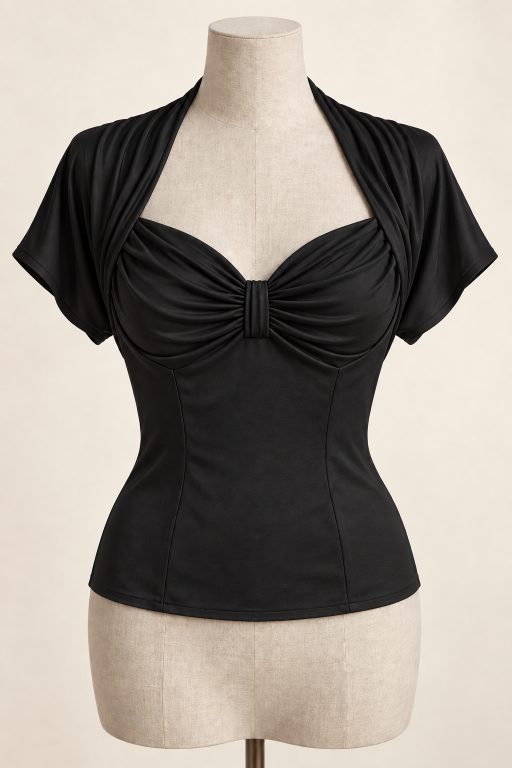 AI front preview of the same draped-bust kimono blouse in soft black with the fabric bridge and fitted lower body