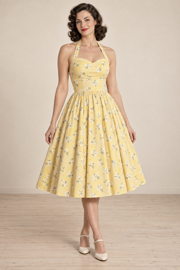 1950s halter sundress design preview, yellow daisy print dress on a model, front view