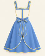 AI rear design preview of the blue apron showing T-shaped back support, waist bow and curved overlapping panels