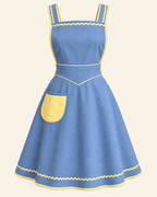 AI front design preview of a cornflower-blue bib apron with pointed midriff, yellow rounded pocket and ricrac trim
